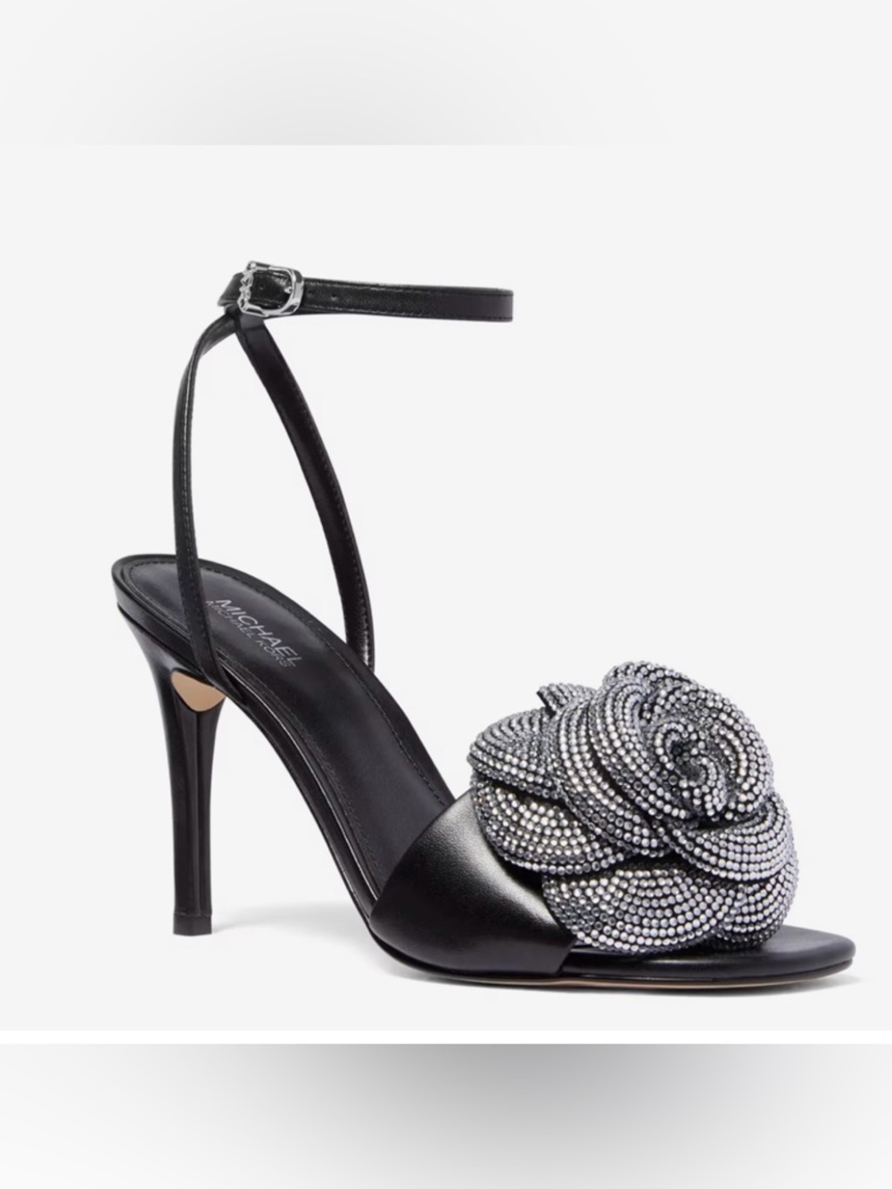 Michael Kors Black Leather Crystal Rose High Heel Sandals # 640